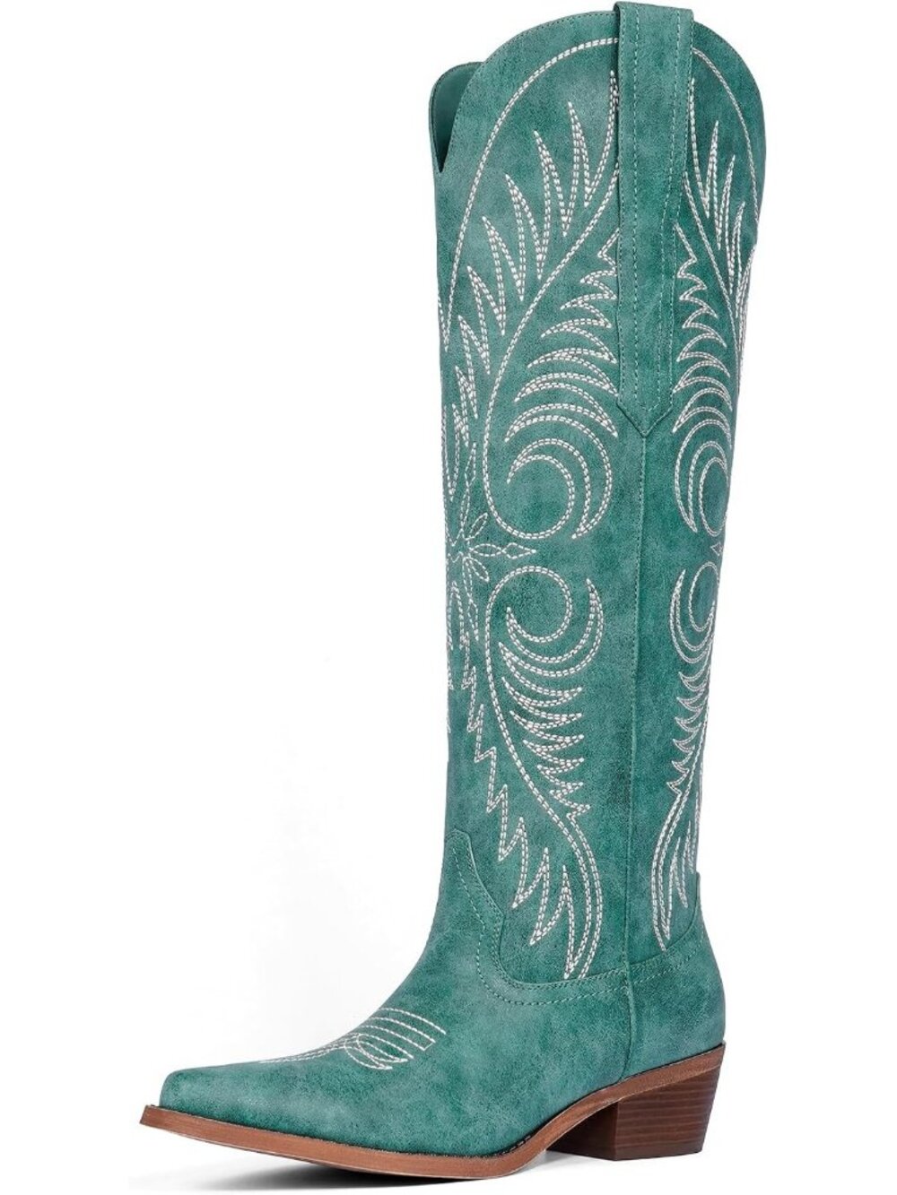 Women's Light Green Embroidered Chunky Heel Pointed Toe Knee High Cowgirl Boots